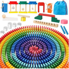 600 Pieces Dominoes Wooden Building Blocks Domino Game Wooden Colourful Domino Set with Additional Blocks Storage Bag, Wooden Toy Educational Toy Gift Domino Children from 3 4 5 Years (600