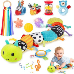 Joyreal Baby Toy 0-6 Months, 10-Piece Set for Newborn Sensory Toys, Baby Caterpillar Musical Toy, Rattles, Ribbons, Tummy Time Toys, Gift of 3, 6, 9 Months