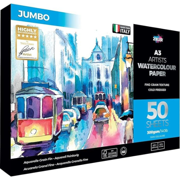 Zieler A3 Jumbo A3 Fine Grain Textured Watercolour Paper by Zieler. 50 Sheets, 300gsm. Ideal for soaking and covering. Made in the UK. Includes a starter guide sheet