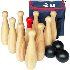 Lawn, Bowling, Hardwood, 10 Pins & 3 Balls in a Carry Bag (23cm High, Natural)