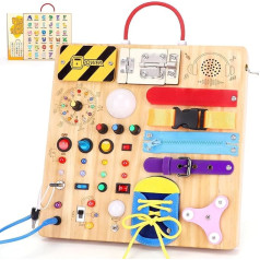 23 in 1 Busy Board Montessori Toy from 1 Year Activity Board Toy from 2 3 Years Wooden Toy Sensory Toy with 15 Switches 26 LED Lights Music Box Lock Zip Laces