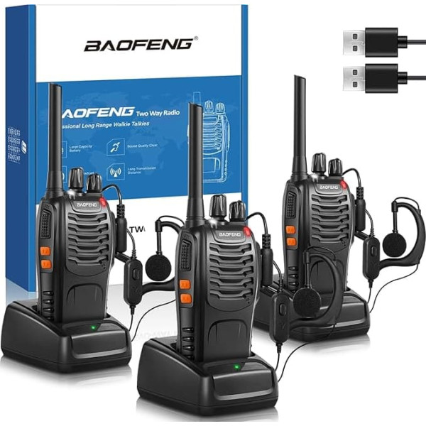 Professional Walkie Talkies for Adults with Long Range, Rechargeable Batteries, 16 Channel Radio, USB Charger and Handheld with VOX (Black, 3 Pack)