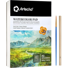 Artecho Watercolour Paper A3 300 g 40 Sheets with Watercolour Brush and Pencil, White Watercolour Pad 42 x 29.7 cm, Painting Pad for Watercolour, Acrylic, Drawing, Painting