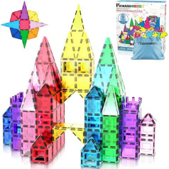 PicassoTiles Magnetic Building Blocks with Car Base, Drawstring Storage Bag, Travel Bag, Carry Bag, Magnetic Building Blocks, Construction Toy, STEM Learning Kit, Education Set 3+, PC61