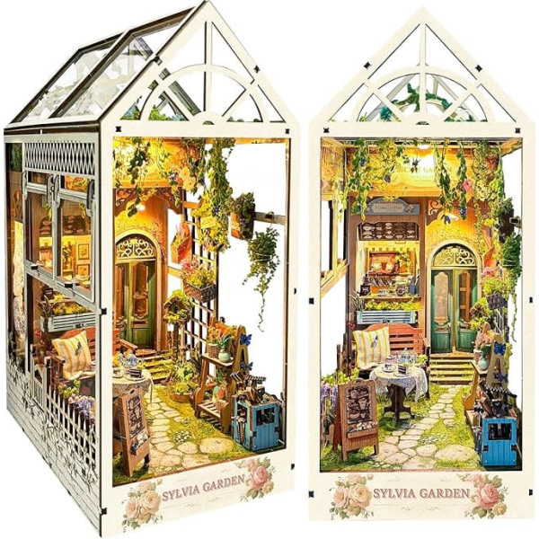 Book Nook Kit, DIY Book Nook Miniature House, Dollhouses Miniature House Kit with Dust Cover, 3D Puzzles Wooden Miniature House Bookshelf Decoration for Ages 14 Years and Up (Gardens)