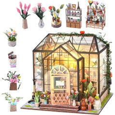 Book Nook Miniature House Set, Miniature House Greenhouse, DIY Miniature House Wood with Furniture and Light, Dollhouse, 3D Miniature Dollhouse Wooden Mini Model Kits Gift for Teenagers Adults #01