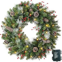 40 cm Door Wreath Christmas, Christmas Wreath Front Door with 30 LEDs, Christmas Wreath with Lantern, Balls, Berries & Bows, Christmas Door Wreath, Christmas Decor
