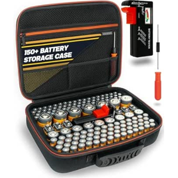 Battery Storage Box with Universal Tester and Screwdriver (Edition Max - Over 150+) - Mess Free Battery Box Storage for Batteries AA, AAA, C, D, 9V (Not Included)