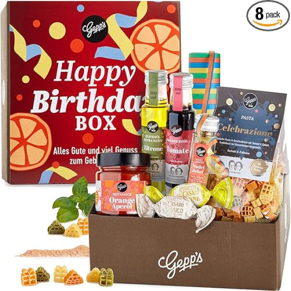 Gepp's Feinkost Happy Birthday Gift Basket, Gift Idea for Birthday, Gift Box Filled with Italian Pasta, Chocolates, Streamers etc., Birthday Gift for Woman and Man