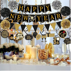 2025 Happy New Year Banner Hanging Swirls Paper Pom Poms 2025 New Year's Eve Party Decorations for Home Office Ceiling