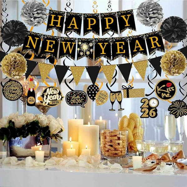 2025 Happy New Year Banner Hanging Swirls Paper Pom Poms 2025 New Year's Eve Party Decorations for Home Office Ceiling