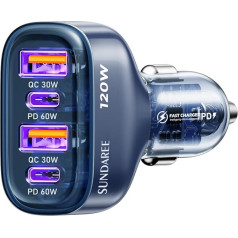 SUNDAREE Cigarette Lighter USB C, 120 W 4 Port 12 V 24 V Car Charger Type C PD QC 4-Way Quick Charge Adapter for Samsung A56/Google Pixel 9a/Redmi Note 15/iPhone 17 16/MacBook/Lenovo/Laptop