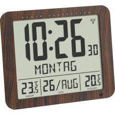 TFA Dostmann Radio Wall Clock Wood Look 60.4518.08 with Outdoor Transmitter Indoor and Outdoor Temperature Easy to Read with Date and Day of the Week Brown