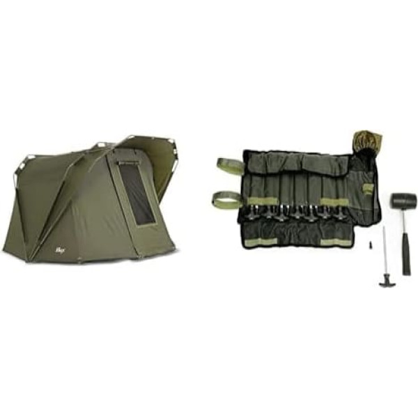 Lucx® Coon Carp Tent 2 Person Fishing Tent Bivvy Tent & ® Pegs Set 14-Piece Includes Rubber Hammer and Bag for Bivvy Pegs Tent Nails for Fishing Tents T Pegs for Carp Tents