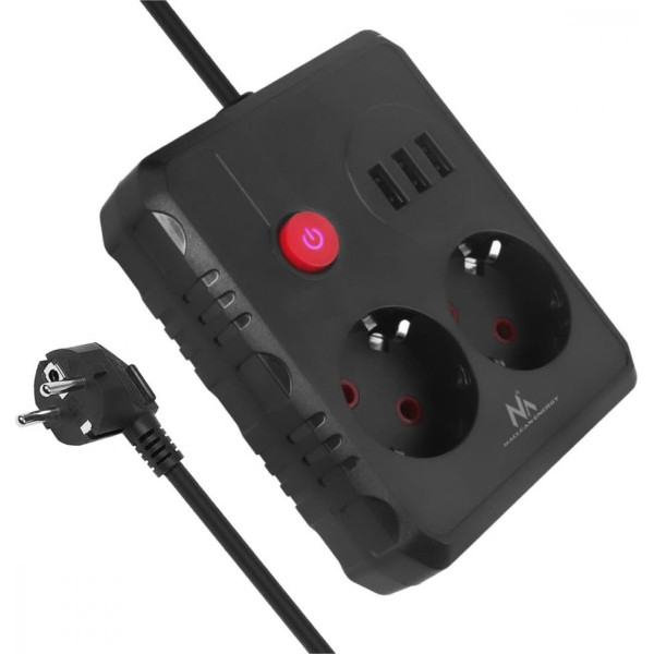 Barošanas bloks mce387 b 2 ligzdas 3xusb, 110-240v maiņstrāva 50/60hz 2.1a max 2500w, 1.5m melns