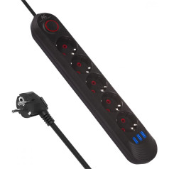 Barošanas bloks mce395 b 5 rozetes 3xusb, 110-240v maiņstrāva 50/60hz, 2.1a max 2500w, melns