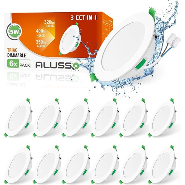 ALUSSO LED Recessed Ceiling Spotlights, 230 V, Flat, 5 W, 400 Lumens, Dimmable, Warm White 3,000 K, Neutral White 4,000 K, Cool White 6,500 K, IP44, for Bathroom, Kitchen, Living Room, Set of 12