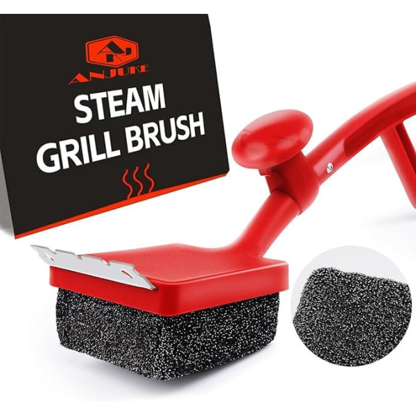 ANJUKE 4-in-1 Safe Steam Grill Brush for Cast Iron Grate with Stainless Steel Spatula and Interchangeable Grill Brush Head, for Gas Grill, Charcoal Grill, Kettle Grill