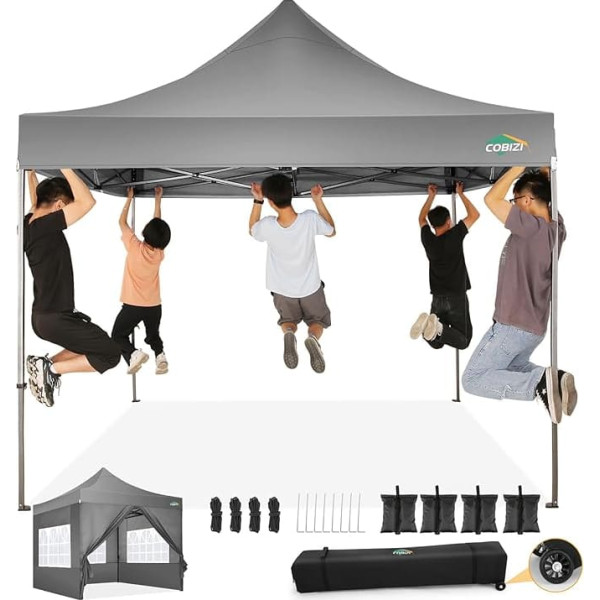 COBIZI Gazebo 3 x 3 Waterproof Stable Winterproof Folding Gazebo Outdoor Folding Party Tent, Pop Up Gazebo Foldable Garden Gazebo with 4 Side Panels and Wheel Bag, Grey (420D Oxford Tarpaulin)