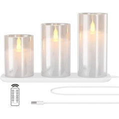 EXTSUD LED Candles Flickering Flame Candles with Charging Station and Remote Control, Set of 3 Electric Candles Made of Glass, Rechargeable Flame, Water Dropper, Candle Light with Timer Function,