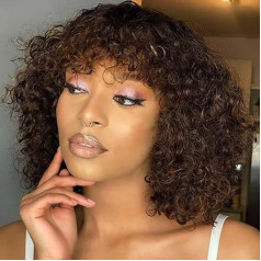 Rebecca Fashion Highlight Curly Bob Human Hair Wig with Fringe 25 cm Short Curly Water Wave Bob Wig Real Hair Wigs for Black Women Glueless Wig Black Mixed Brown Colour