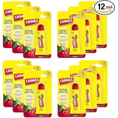 Carmex Cherry Tube Lip Care for Dry Lips, Lip Balm Moisturising and Soothing for Cracked Lips, with Sun Protection, Vaseline, Vitamin E and Beeswax - (12 x 10 g)