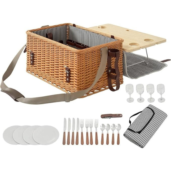 Outsunny Wicker Picnic Basket for 4 People with Picnic Blanket Cutlery Set, Bottle Opener Picnic Table Picnic Set Complete Set for Camping Beach Christmas Light Brown