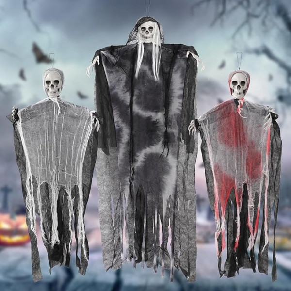 Halloween Hanging Decorations Scary Skeleton Ghosts Outdoor Halloween Props Scary Floating Grim Reaper for Yard Garden and Party Pack of 3