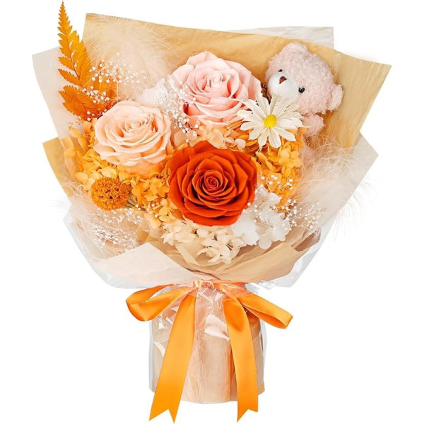 Preserved Bouquet with Bear, 3 Real Eternal Flowers to Delivery, Long-Lasting Orange Rose Bouquet, Birthday Gifts for Women, Mother, Wife, Her