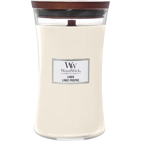 WoodWick Large Scented Candle in Sandglass Jar with Crackle Wick, Linen, Up to 130 Hours Burn Time