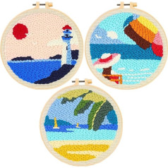 Allazone 3 Set Stanznadel-Kits mit Ozean-Muster, Stanznadel-Stickerei-Starter-Kits, Stanznadelwerkzeug, Einfädler, Stoff, Garn, Stickrahmen für Handwerk, Heimdekoration