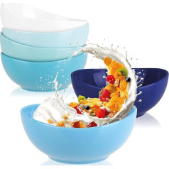 com-four® 6 x Ceramic Bowls, 500 ml, Cereal Bowls, Dessert Bowls, Salad Bowls, Ideal for Breakfast, Snacks and Desserts, Stylish Design, Stackable (6 Pieces, White/Blue, Curved)