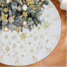 Miaikoe Christmas Tree Skirt 120cm Gold Snowflake Christmas Trees Splicing White Faux Fur Thick Plush Christmas Tree Skirt for Holiday Christmas New Year Decorations