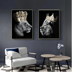 Lion and Lioness with Crown Canvas Pictures, Black Gold Animal Poster Decoration, Africa Lioness Art Prints for Bedroom Picture Home Decor Decor No Frame (Lion B, 50 x 70 cm x 2)