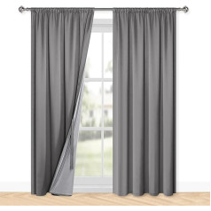 XWZO 100% Opaque Curtains for Living Room, Curtains with Ruffle Tape, Bedroom Curtains, Double Layer Thick Blackout Curtains, Thermal Curtain, Cold Protection, 245 x 140 cm (H x W), Grey, Set of 2