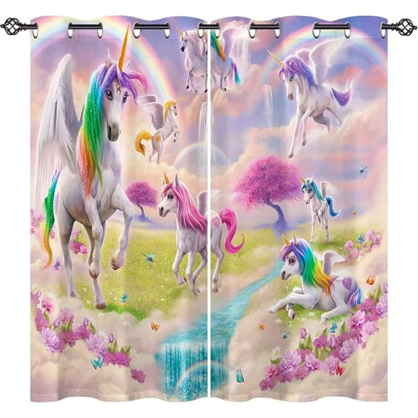 ANHOPE Rainbow Unicorn Flower Curtains with Eyelets Opaque Curtains Thermal Curtain Blackout Curtain Bedroom Living Room Children Girls Blackout Curtains Set of 2 H 138 x W 117 cm