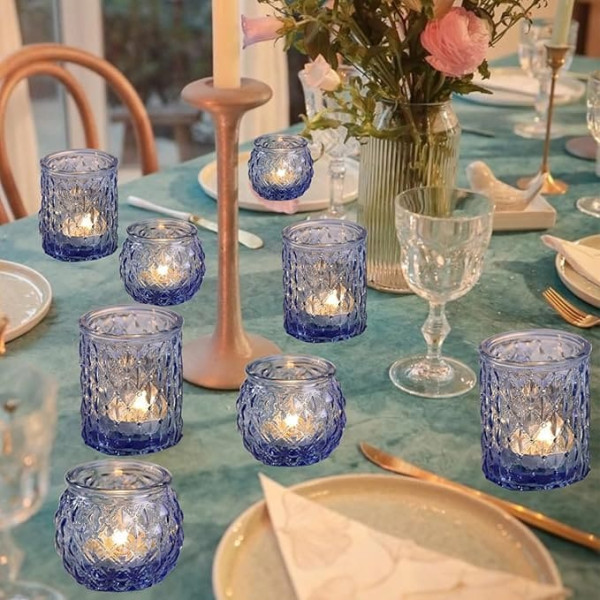 Glass Tea Light Holder, Votive Candle Holder for Wedding Centre, Various Parties & Home Decor (12, Blue)