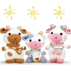 Xanewza Crochet Hook Set for Beginners, 3 Pieces Cow Crochet Set Animals for Adults with Step by Step Video Instructions, Craft DIY Knitting Accessories, Crochet Animals Kits, English Instructions