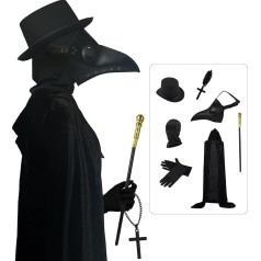 Pest Doctor Mask Props Halloween Costume Set 7 in 1, Long Nose Beak Mask, Hat, Scepter, Hooded Coat, Necklace, Gloves and Balaclava for Halloween Costume Party