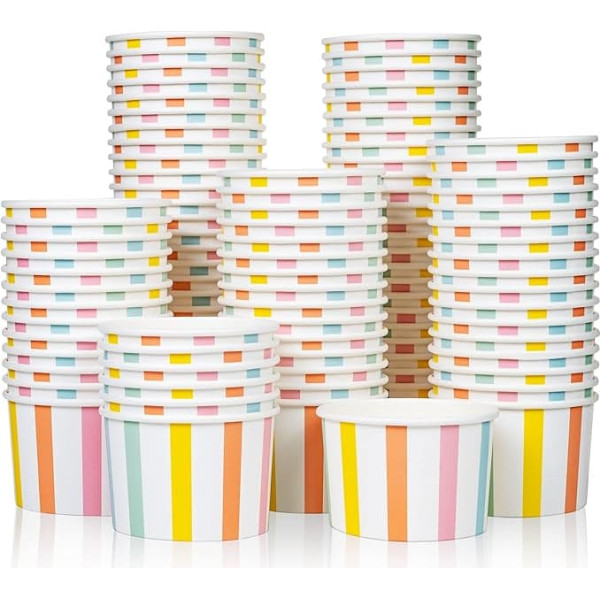 Ice Cream Sundae & Soup Bowls, 100 Pack 9oz Ice Cream Sundae Strips, Hot/Cold Paper Snack Cups, Disposable Ice Cream Sundaes, Soup Bowls