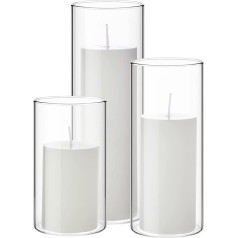 Shihanee Set of 3 White Pillar Candles and 3 Cylinder Glass Candle Holders for Slim Candles, Wedding, Valentine's Day, Centerpieces (White, 2.6 x 5.1 inch, 6.2 inch, 8 inch)