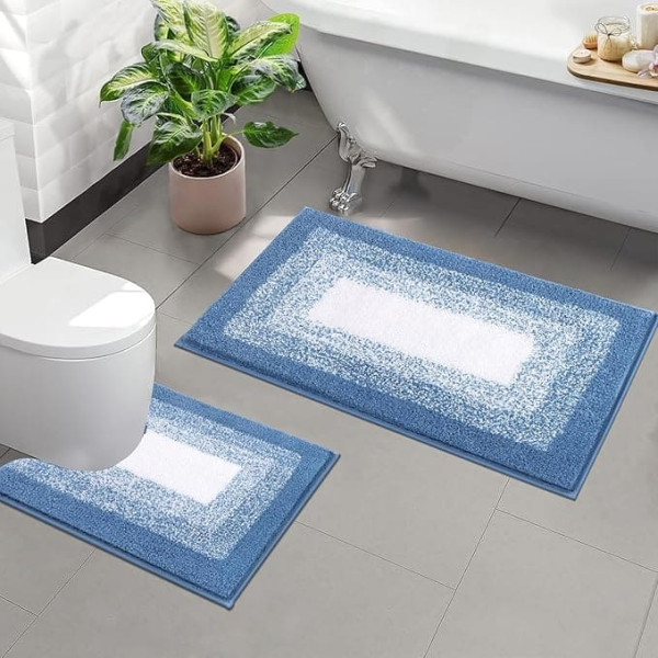 Enyhom Bath Mat Set, 2-Piece Soft High Pile Shower Mat, Toilet Mat, Machine Washable, Non-Slip Toilet Rug Set, Bath Mat, Bathroom Rug (Blue, 50 x 80 + 50 x 60 cm)