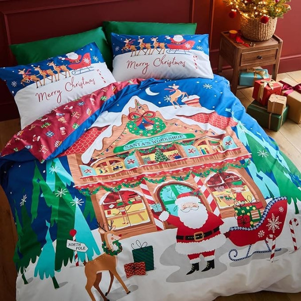 Catherine Lansfield Christmas Santa's Workshop Reversible Double Duvet Cover Set with Pillowcases, Navy, navy