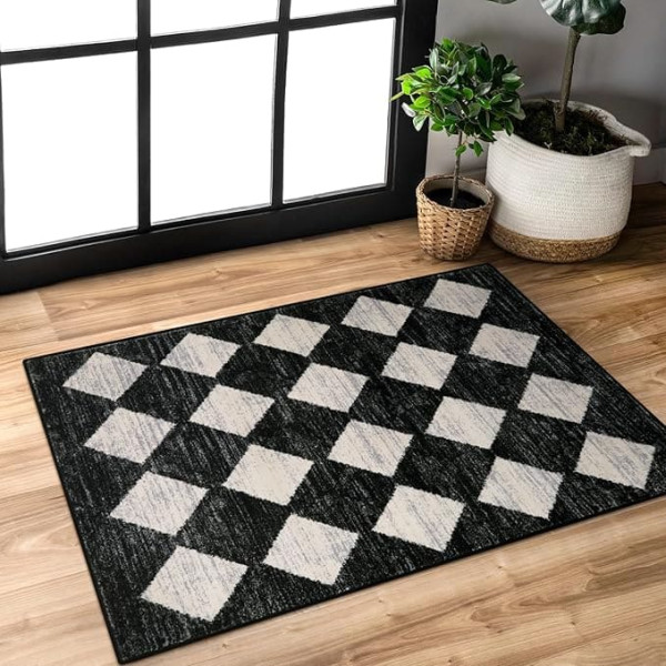 Lahome Moroccan Geometric Rug - 5x7.6cm Small Black Check Entrance Area Non-Slip Kitchen Mat Stain Resistant Indoor Sink Bedroom