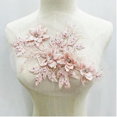 1 Piece Pink Pearl Flower Embroidery Patch Applique Sewing Wedding Bridal Dress Veil Craft Garment Repair Accessories 30 * 21 cm