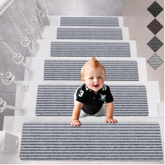Spurtar Stair Mats, 20 cm x 76 cm, Set of 15 Stair Carpets, Self-Adhesive Stripes, Stair Mats, Indoor Stair Carpet for Various Types of Stairs, Stairs, Carpet Steps, Light Grey
