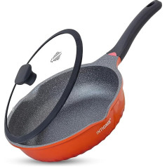 INTIGNIS Frying Pan Anti-Scratch Glass Lid - 28 cm / 30 cm Deep Sauté Pan, German Greblon Stone Coating - Induction Pan, Chemical-Free (Orange, 28)