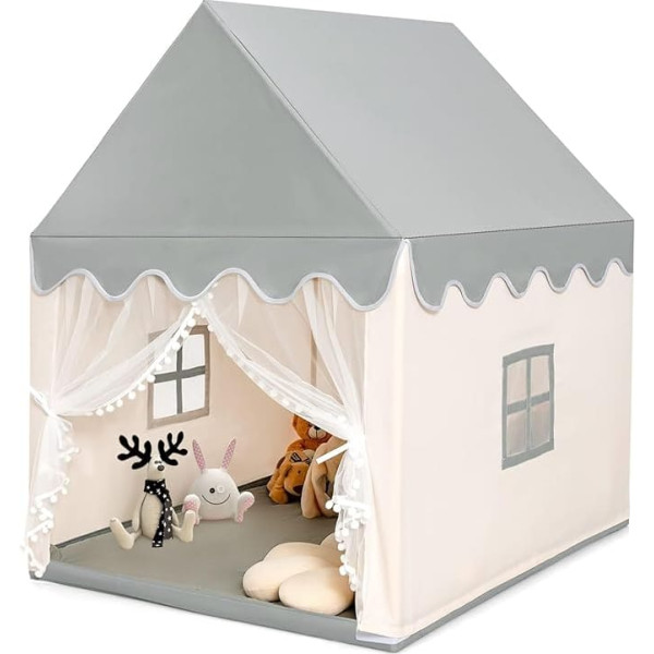 FANTASK Children's Play Tent, Children's Tent Indoor with Solid Wood Frame & Cotton Blanket, Children's Playhouse Princess for Boys and Girls, Indoor Playhouse, 120 x 105 x 140 cm (Beige + Grey)