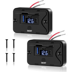 Pack of 2 USB Charging Socket, 12 V Car Charger with Voltmeter, 72 W QC3.0 USB & Dual PD3.0 Type C Mobile Phone Quick Charger, Waterproof with Switch for 12 V/24 V Caravans, Car, Motorcycle, Truck
