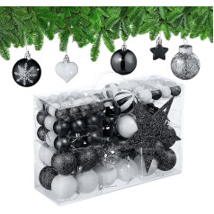Relaxdays Christmas Baubles Set of 101, Plastic, Christmas Tree Decoration with Baubles, Lace, Christmas Tree Decoration, Black/White